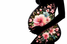 Silhouette Of A Pregnant Woman With Spring Flowers Blooming On A Solid White Background. Ai Generative