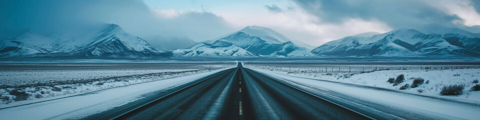 Wall Mural - Vibrant extra wide panoramic sky. Winter highway. Snow covered street leading to te horizon. Cloudy stormy winter sky. Mountain range in the horizon. 
