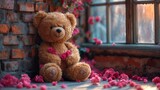 Fototapeta Pokój dzieciecy - bear soft toy sitting holding a romantic heart. Generative AI
