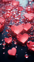 Wall Mural - Pink hearts in water drops background. Valentine's Day card