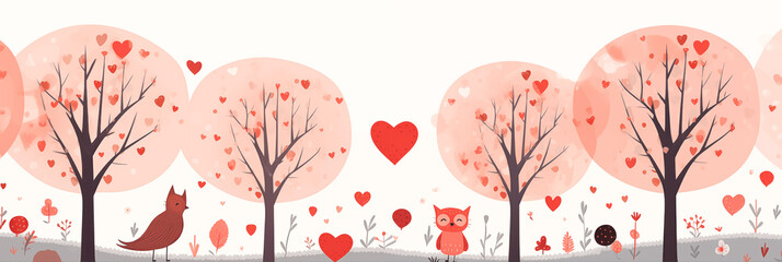 Wall Mural - Cute forest banner with trees, birds and hearts, Scandinavian style illustration, artistic doodle. Panoramic web header with copy space. Wide screen wallpaper