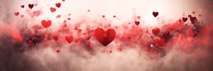 Wall Mural - Beautiful banner with red hearts and smoke background. Valentine's Day. Panoramic web header with copy space. Wide screen wallpaper