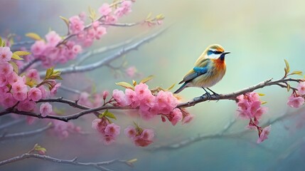 Bird sitting on branch of blossom cherry tree. Springtime. Natural background