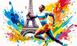 Athlete running with the Eiffel Tower in the background, Paris 2024 Olympic games concept