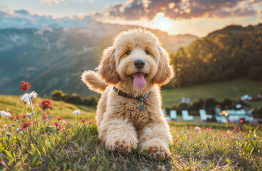 Wall Mural - dog in the field at sunset