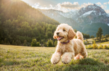 Wall Mural - Happy labradoodle in the mountain