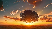 One Tree Growing Under The Sunset Background