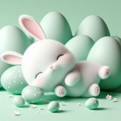Wall Mural - Cute fluffy white Easter bunny is lying among the eggs on a pastel green background. Easter holiday concept in minimalism style. Fashion monochromatic   composition. Copy space for design.