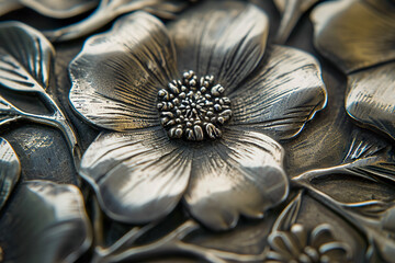 Wall Mural - close-up of a silver brooch, with a floral design etched into the metal