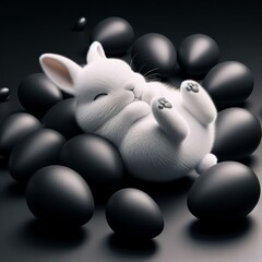 Wall Mural - Cute fluffy white Easter bunny is lying among the eggs on a black background. Easter holiday concept in minimalism style. Fashion monochromatic   composition. Copy space for design.