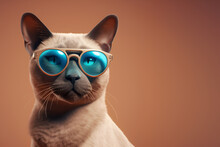 Creative Animal Concept. Siamese Cat Kitten Kitty In Sunglass Shade Glasses Isolated On Solid Pastel Background, Commercial, Editorial Advertisement, Surreal Surrealism	
