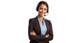 © F U T U R O  - Portrait of a happy call center woman arms crossed isolated on a transparent background for consulting. Smile, customer support or service career with a young employee on PNG for telemarketing