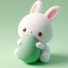 Wall Mural - Cute fluffy white Easter bunny hugs a green egg on a green background. Easter holiday concept in minimalism style. Fashion monochromatic   composition. Copy space for design.