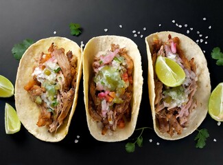 Poster - Mexican street taco. Homemade Mexican Tacos with fresh vegetables and meat. National taco day concept. AI photography..