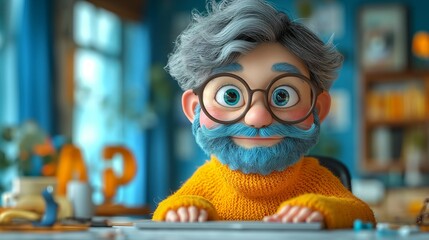 3D character programmer sitting at the table joyful. Generative AI