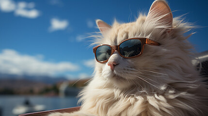 Closeup photo of a white cat wearing sunglasses