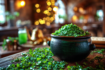 Wall Mural - St. Patrick's Day in Ireland. An iron pot filled with clover. 