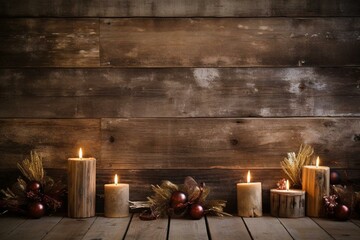 Wall Mural - fourth advent, candles, Christmas, decoration, gifts, rustic, wooden, planks, dark brown, background, copy space. Generative AI