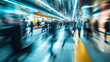 Commuters silhouettes in subway or train station with fast-moving train. Rush Hour in public transport with abstract colorful light trails