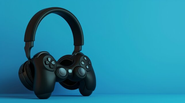 black standard video game controller, headphones and game console on a blue gradient background. 3d 
