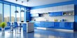 3d render Modern Contemporary kitchen room interior .white and blue nova material 