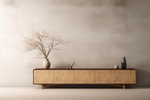 Cabinet With A Japanese Wooden Design In A Minimalist Living Room Against An Empty Wall Background