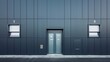 Details of gray facade made of aluminum panels with doors and windows on industrial building