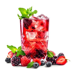 Glass of berry drink or cocktail with ice and mint isolated on white background