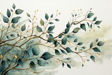 Minimalistic Design Watercolor Seamless Border - Illustration With Green Gold Leaves And Branches