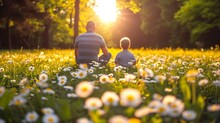 Father And Son Enjoying A Peaceful Sunset In A Daisy Field