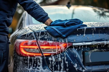 Wall Mural - Close-up of hand washing car with microfiber cloth