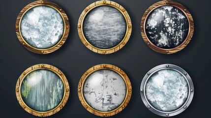 Wall Mural - Set of round ui game frames, textured circles made of silver, gold, metal with snow, wood or stone materials Cartoon circular empty borders, isolated graphic design gui elements, Vector illustration