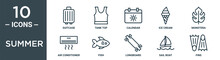 Summer Outline Icon Set Includes Thin Line Suitcase, Tank Top, Calendar, Ice Cream, Monstera, Air Conditioner, Fish Icons For Report, Presentation, Diagram, Web Design