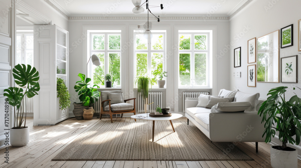 Modern interior design of a living room in Scandinavian style. An open ...