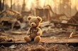 Lonely teddy bear sits on debris from a catastrophic event. Generative AI