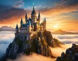 Eindrucksvolles Fantasy-Schloss auf einem Berg über den Wolken bei Sonnenuntergang, hyperrealistische 3D-Grafik