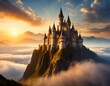 Eindrucksvolles Fantasy-Schloss auf einem Berg über den Wolken bei Sonnenuntergang, hyperrealistische 3D-Grafik