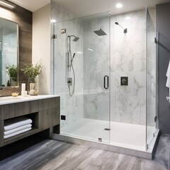 Wall Mural - Marble tile white luxury bathroom shower ideas interior design picture 