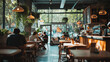 Modern interior of a cafe or coffee shop against the backdrop of vacationing people. Blurred background. The concept of relaxation, consumerism.