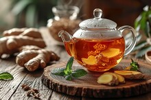 Teapot And Cup Of Tea With Ginger On Light Wooden Background