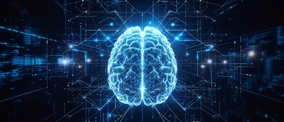 Wall Mural - a brain with lights and symbols on a dark background generative ai