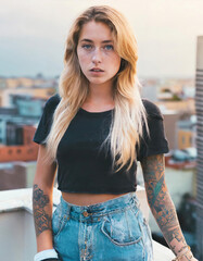 Wall Mural - Young female millennial on a rooftop, showcasing her tattoos and wearing denim cutoff shorts