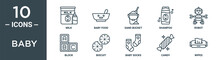 Baby Outline Icon Set Includes Thin Line Milk, Baby Food, Sand Bucket, Shampoo, Robot, Block, Biscuit Icons For Report, Presentation, Diagram, Web Design