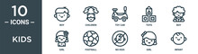 Kids Outline Icon Set Includes Thin Line Boy, Children, Toy Car, Toys, Boy, Girl, Football Icons For Report, Presentation, Diagram, Web Design