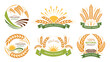 Wheat ears icons. Set of vector organic product labels. Grain, ear of wheat and wreath. Organic wheat, bread agriculture and natural eat, barley or rice millet. Isolated. Vector illustration