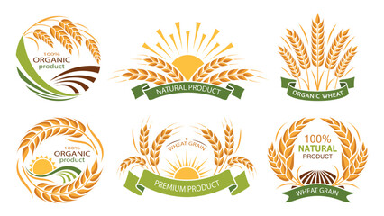 Wall Mural - Wheat ears icons. Set of vector organic product labels. Grain, ear of wheat and wreath. Organic wheat, bread agriculture and natural eat, barley or rice millet. Isolated. Vector illustration