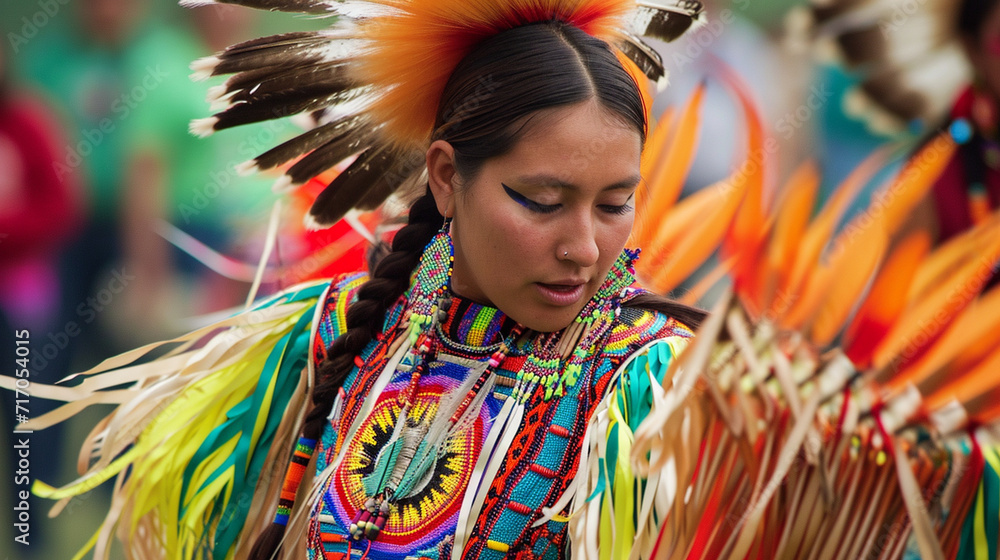 A Native American woman in ceremonial attire performing a healing dance ...