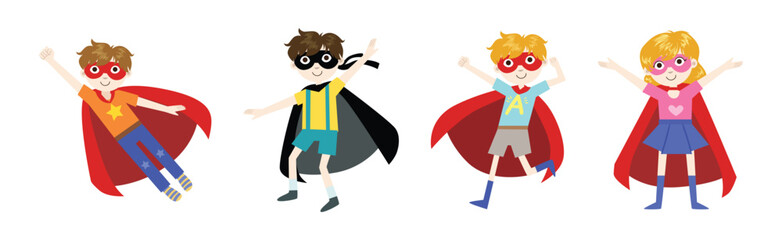 Poster - Cute Baby Kids Superhero Character in Cape Vector Set