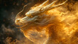 Chinese New Year seasonal social media background design with blank space for text. Close-up Chinese traditional dragon head made from smoke and floating in the air. Gold dragon on black background.
