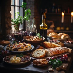 Wall Mural - A shot of People are having traditional georgian lunch or dinner of khachapuri, aubergine rolls and other foods on wooden table. Generative AI